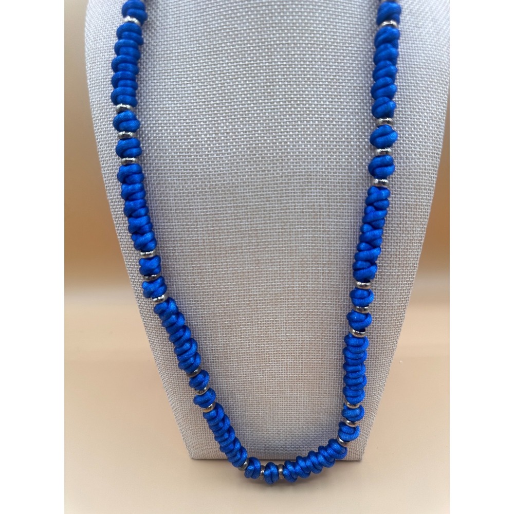 Blue Knotted Cord Necklace Silver Tone Spacer Beads Boho Festival Statement Gift